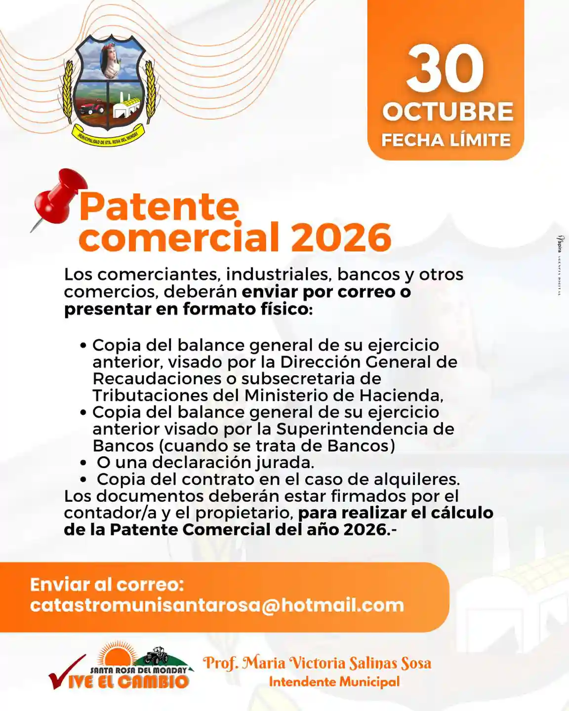 Se fija el 30 de octubre como fecha límite para la presentación de documentación de la Patente Comercial 2026